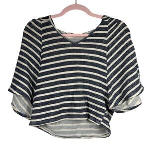 NOBLE U Navy Cream Striped Cropped Short Sleeve Sweatshirt Hoodie S